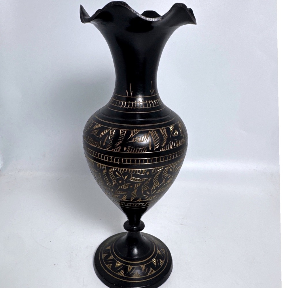 Brass Vase Unisex 8in Black‎ Excellent Etched Floral India FD-1021/8